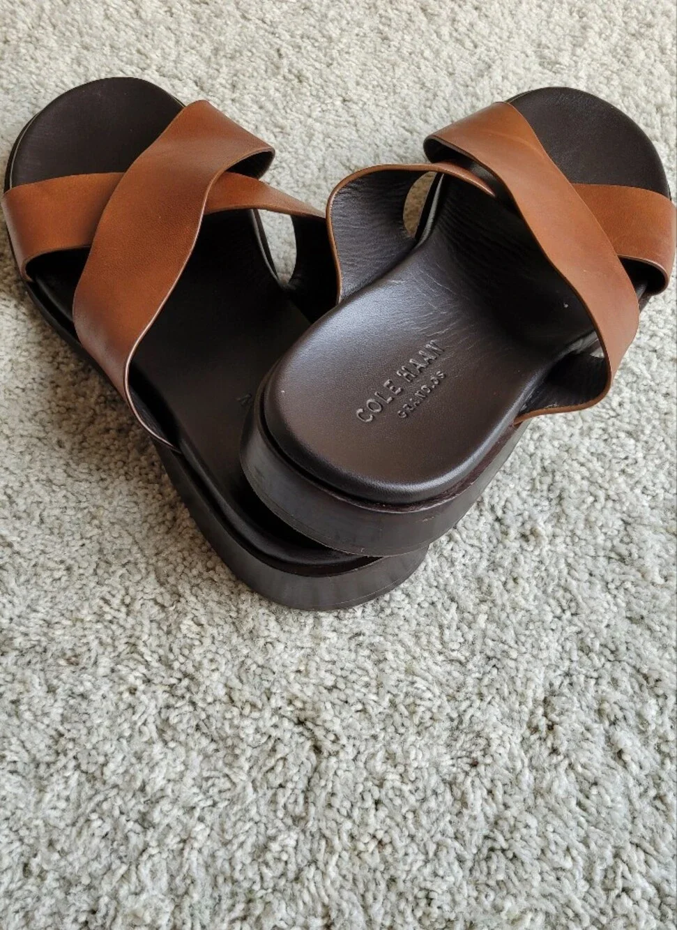 Cole Haan Grand.os Mens Brown Leather Sandals W Black Leather Footbed X Style 12